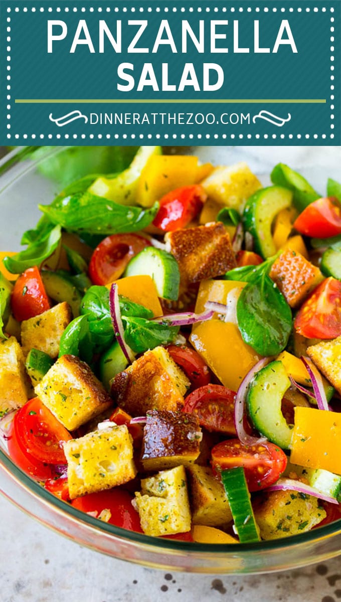 Panzanella salad with toasted bread cubes and colorful vegetables all tossed in a homemade dressing. #salad #dinneratthezoo