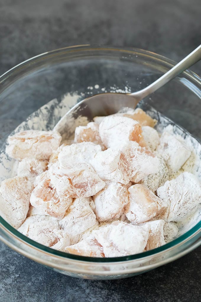 Chicken pieces coated in corn starch.