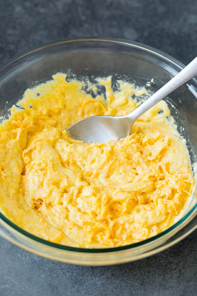 Cornbread batter in a mixing bowl.