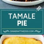 This tamale pie is seasoned ground beef, corn and beans baked together with cheddar cornbread to make a hearty and comforting casserole.