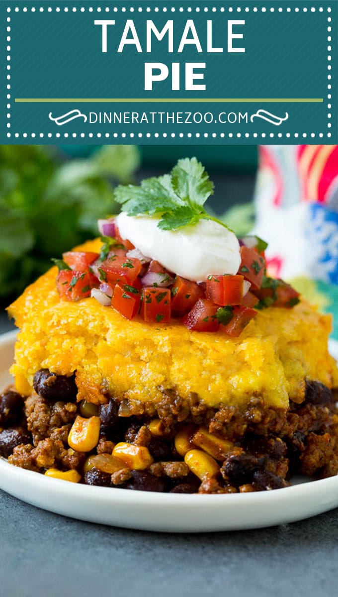 This tamale pie is seasoned ground beef, corn and beans baked together with cheddar cornbread to make a hearty and comforting casserole.