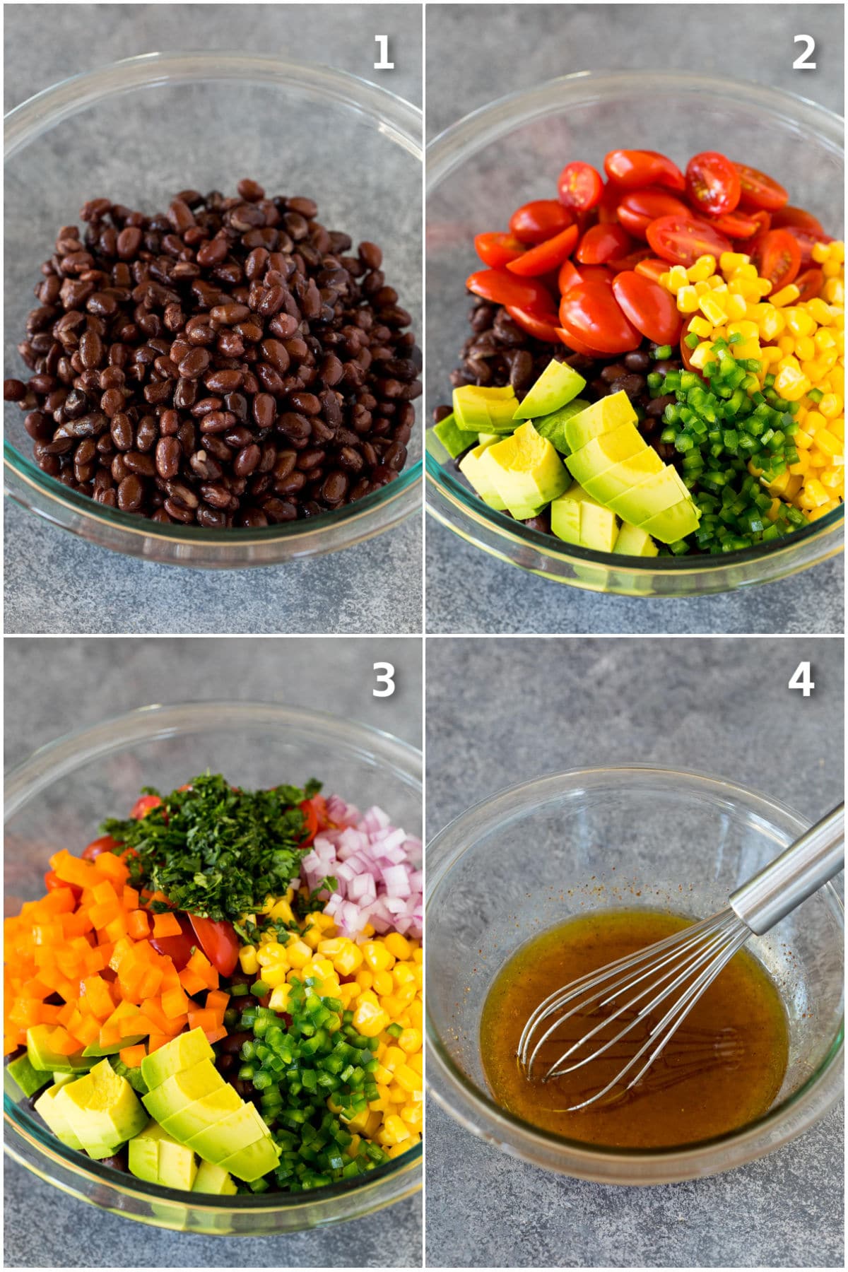 Step by step shots showing how to make black bean salad.