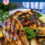 This chicken marinade is a blend of garlic, herbs, olive oil, soy sauce, brown sugar and Dijon mustard.