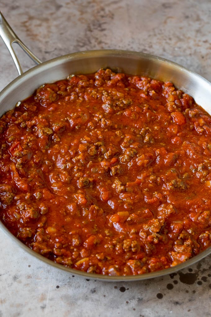 Meat sauce in a skillet.