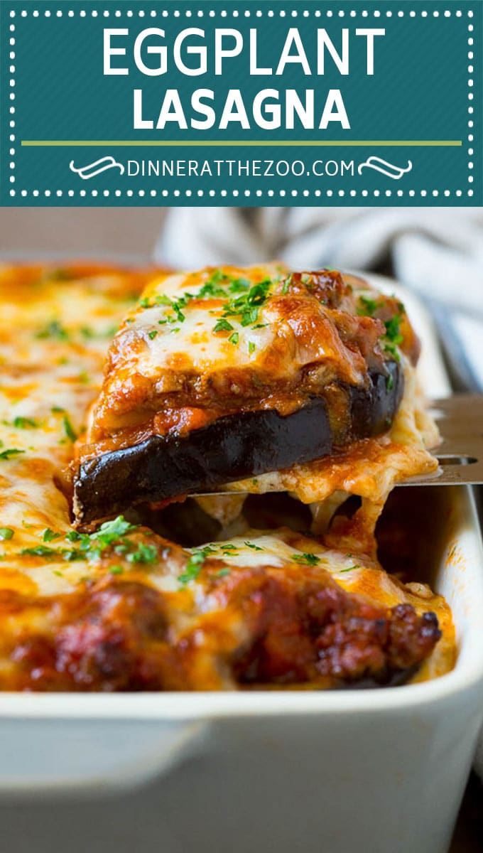 Low carb eggplant lasagna with layers of meat sauce, roasted eggplant and three types of cheese.