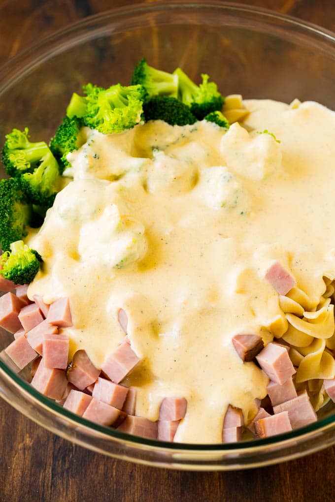 Ham, noodles and broccoli covered in cheese sauce.