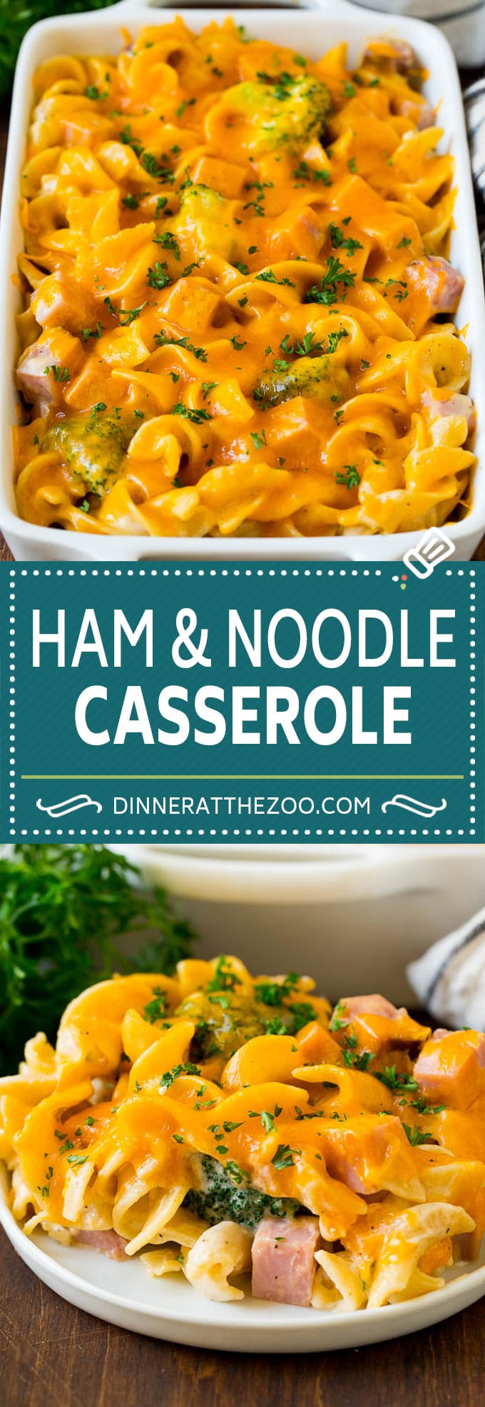 This ham casserole is egg noodles, broccoli and diced ham in a creamy sauce, all topped with cheese and baked to golden brown perfection.