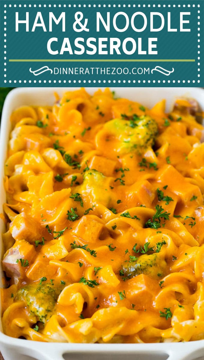 This ham casserole is egg noodles, broccoli and diced ham in a creamy sauce, all topped with cheese and baked to golden brown perfection.