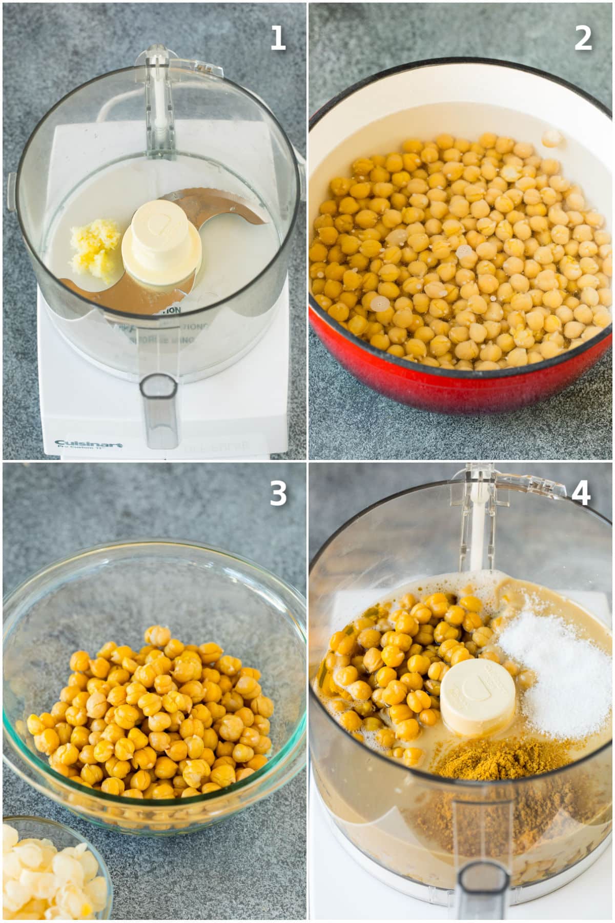 Step by step shots showing how to make homemade hummus.