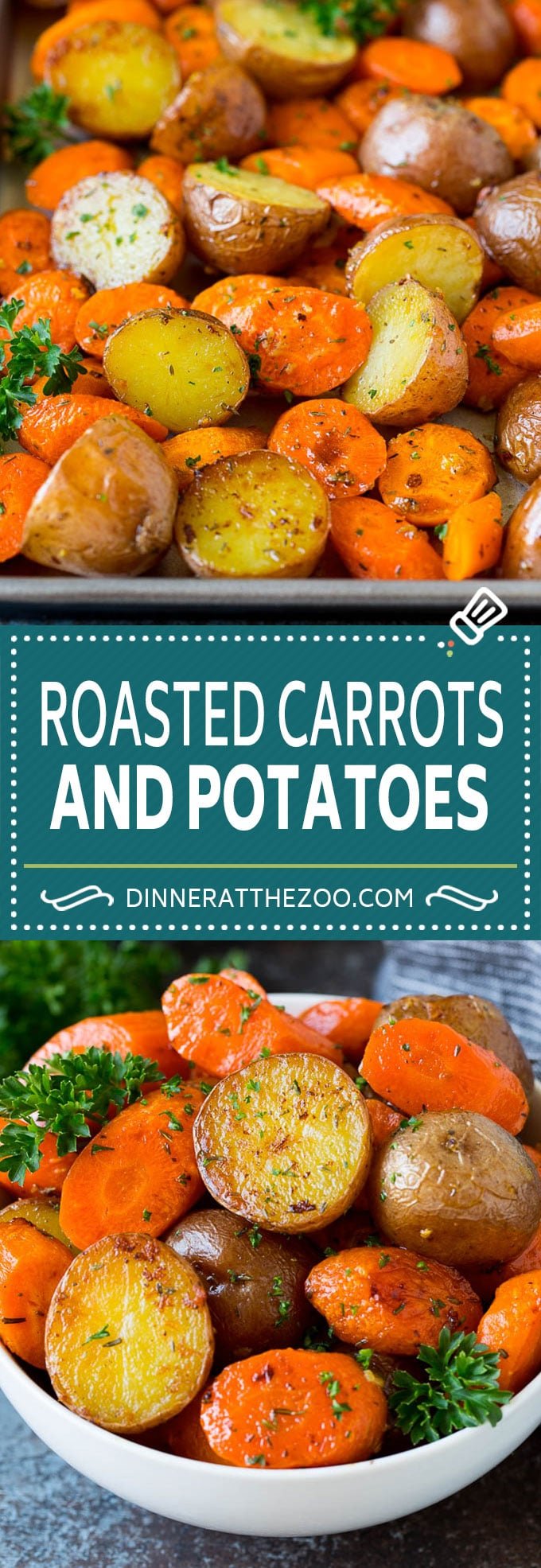 These roasted potatoes and carrots are coated in butter, garlic and herbs, then cooked until golden brown and tender.