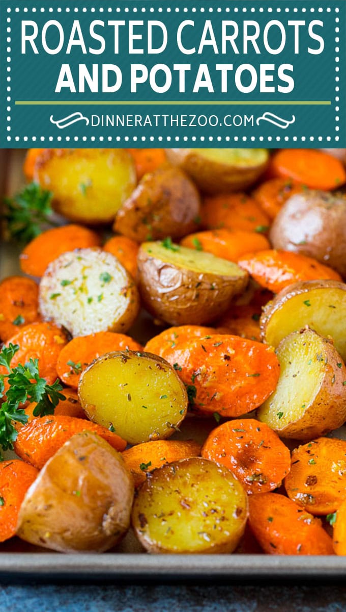 These roasted potatoes and carrots are coated in butter, garlic and herbs, then cooked until golden brown and tender.