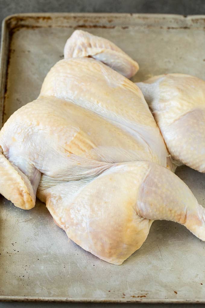 A chicken laid out flat on a sheet pan.