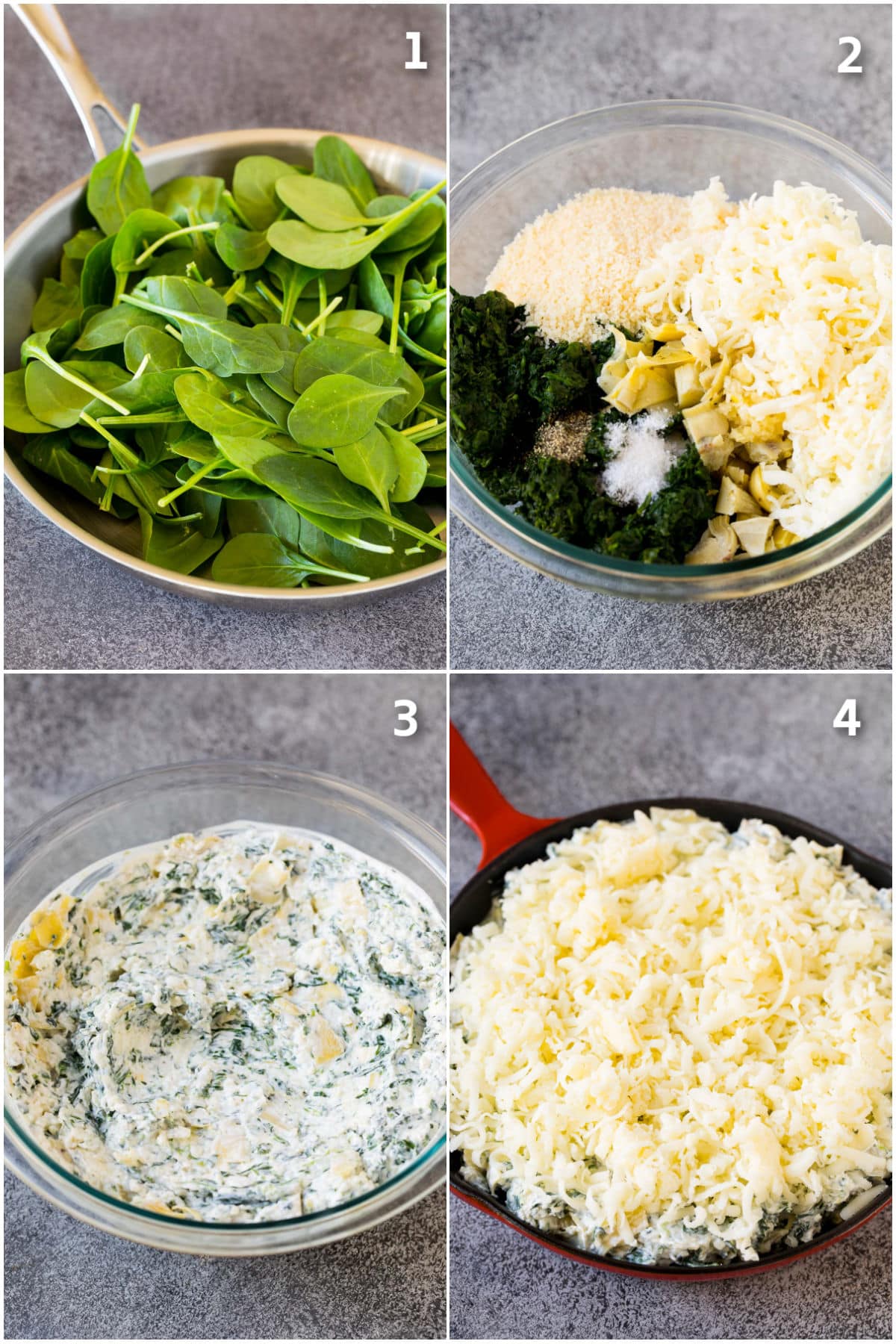 Step by step process shots showing how to make spinach artichoke dip.