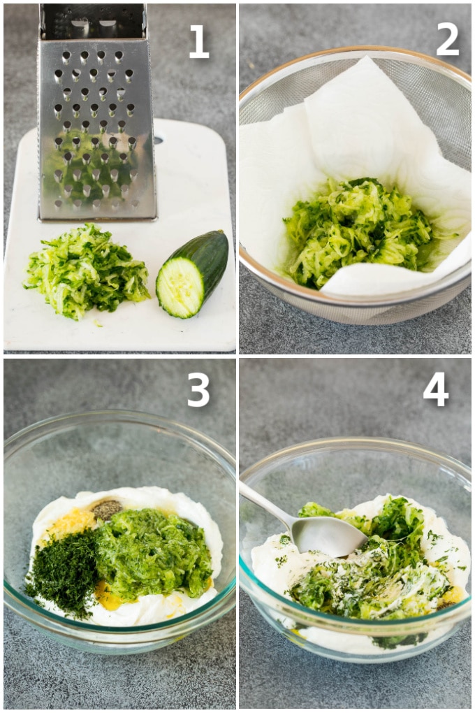Process shots including grated cucumber, ingredients in a bowl, and a spoon stirring everything.