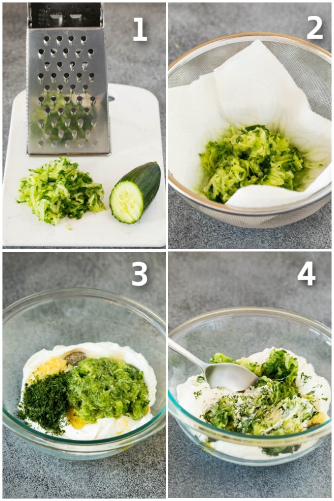 The best homemade tzatziki sauce with cucumber and herbs mixed into Greek yogurt. #appetizer #dinneratthezoo Process shots including grated cucumber, ingredients in a bowl, and a spoon stirring everything.