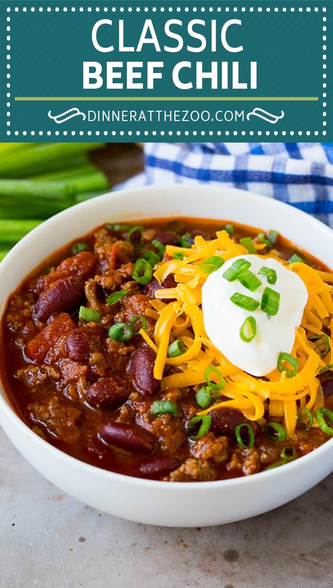 This beef chili is a blend of meat, tomatoes, spices and beans, all simmered together to make a delicious and hearty meal.