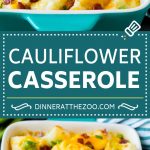 This cauliflower casserole is cooked cauliflower florets tossed in a homemade cheese sauce, then mixed with bacon and green onions and baked to golden brown perfection.