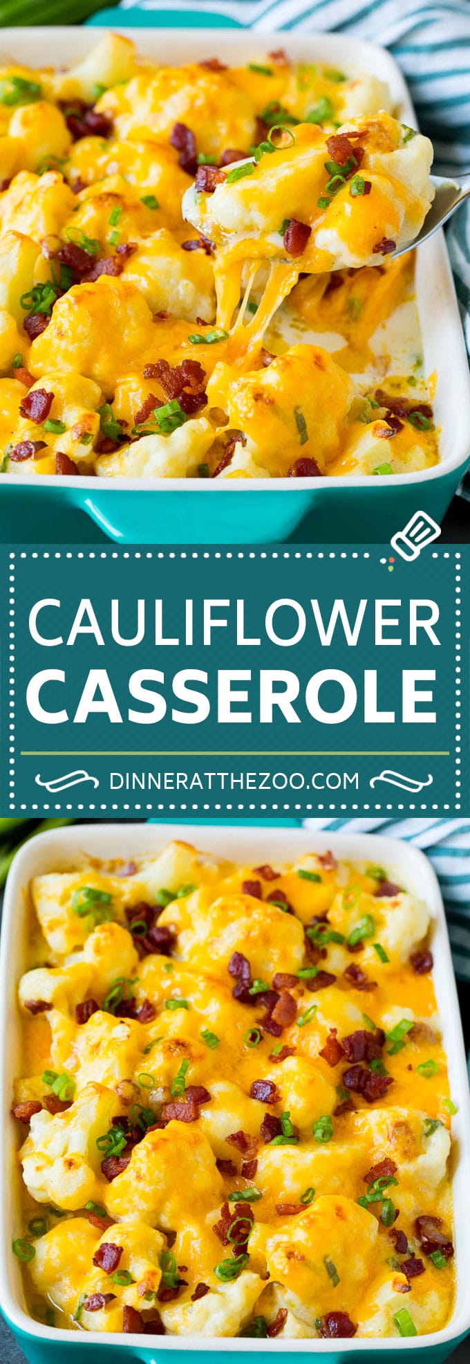 This cauliflower casserole is cooked cauliflower florets tossed in a homemade cheese sauce, then mixed with bacon and green onions and baked to golden brown perfection.