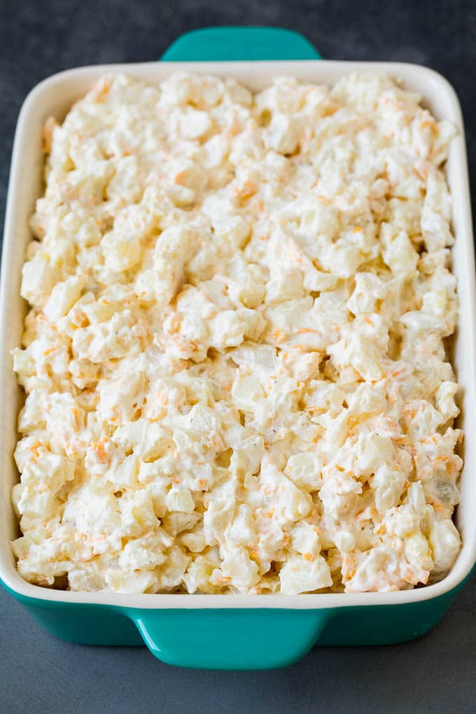 Creamy potatoes in a baking dish.