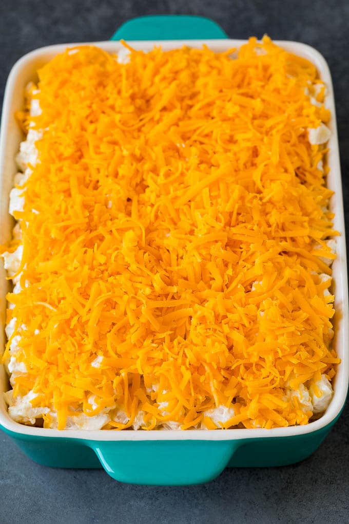 Creamy potatoes topped with shredded cheddar cheese.