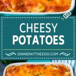 These cheesy potatoes are diced potatoes tossed in a creamy blend of sour cream, butter and cheese, then baked to golden brown perfection.