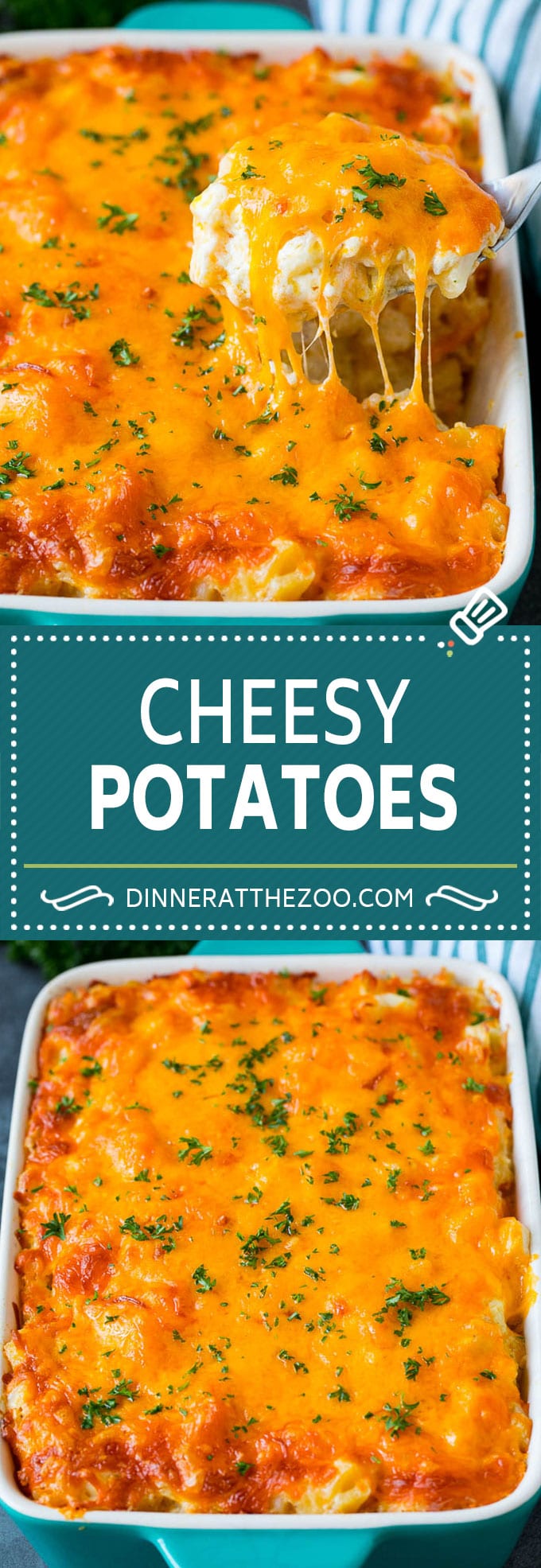 These cheesy potatoes are diced potatoes tossed in a creamy blend of sour cream, butter and cheese, then baked to golden brown perfection.