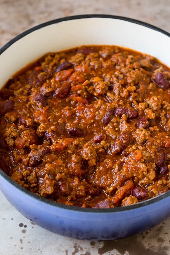 A pot full of homemade chili.