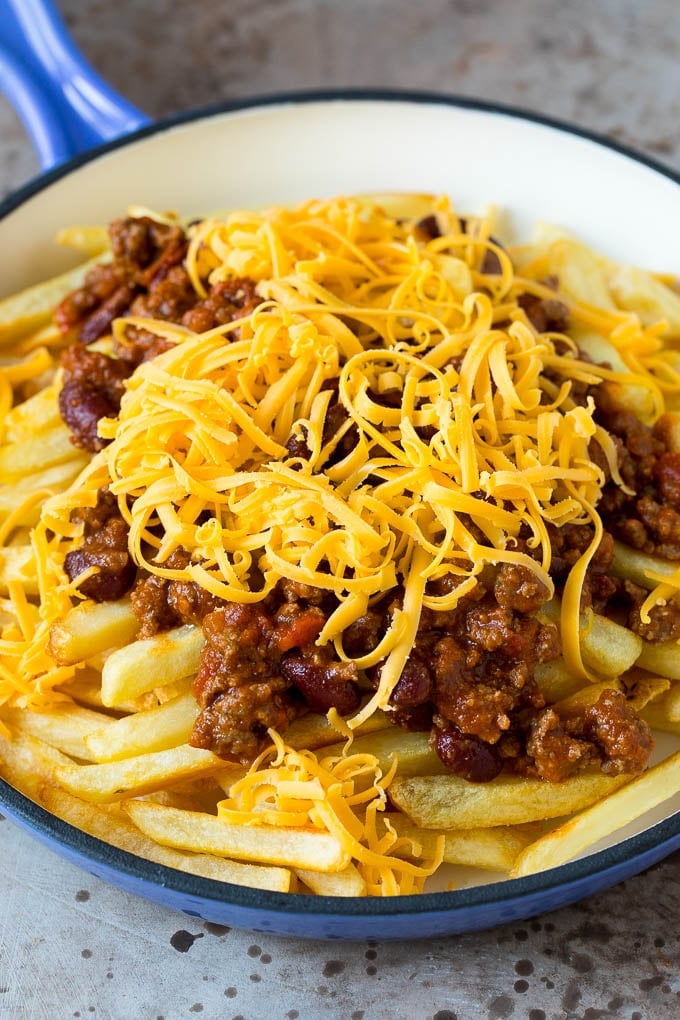 French fries topped with beef chili and shredded cheese.