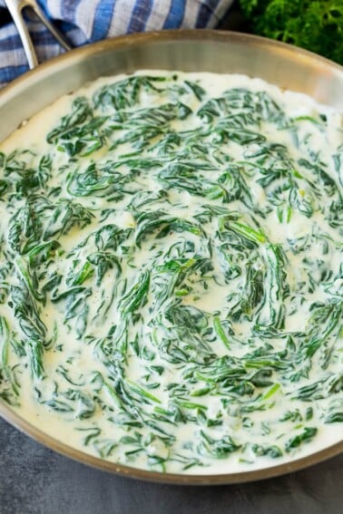 A pan of creamed spinach.