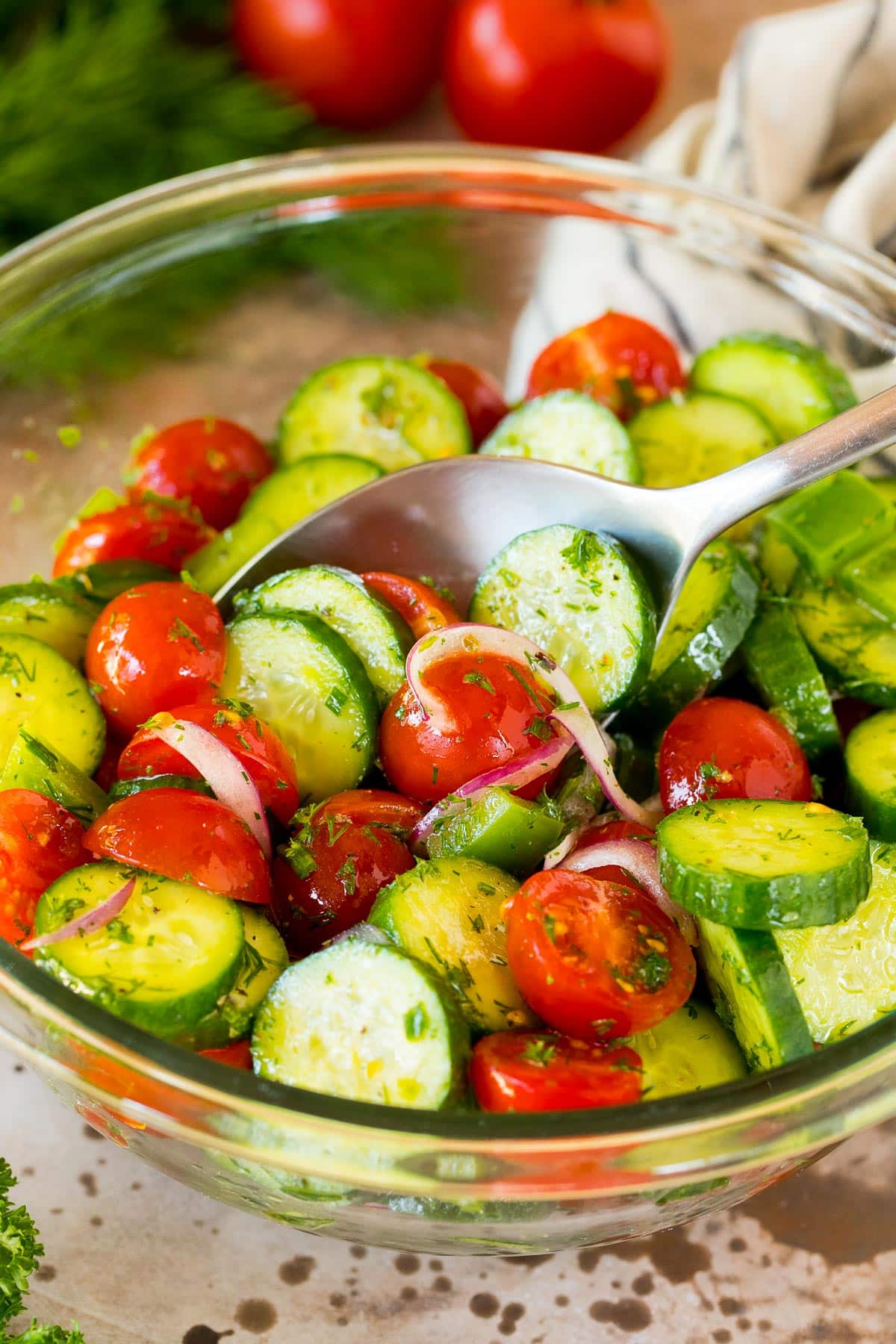 A spoon serving up a portion of cucumber and tomato salad.
