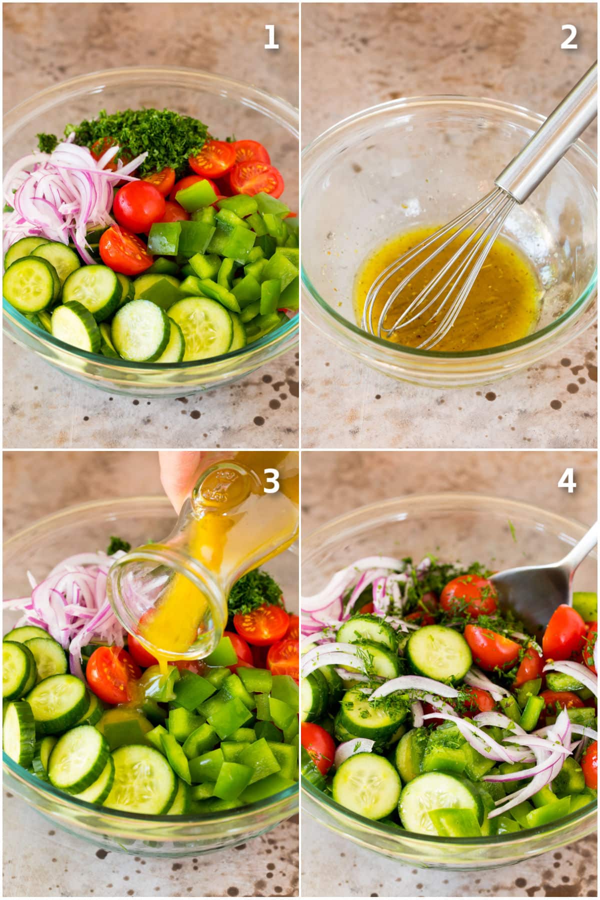 Step by step process shots showing how to make tomato cucumber salad.