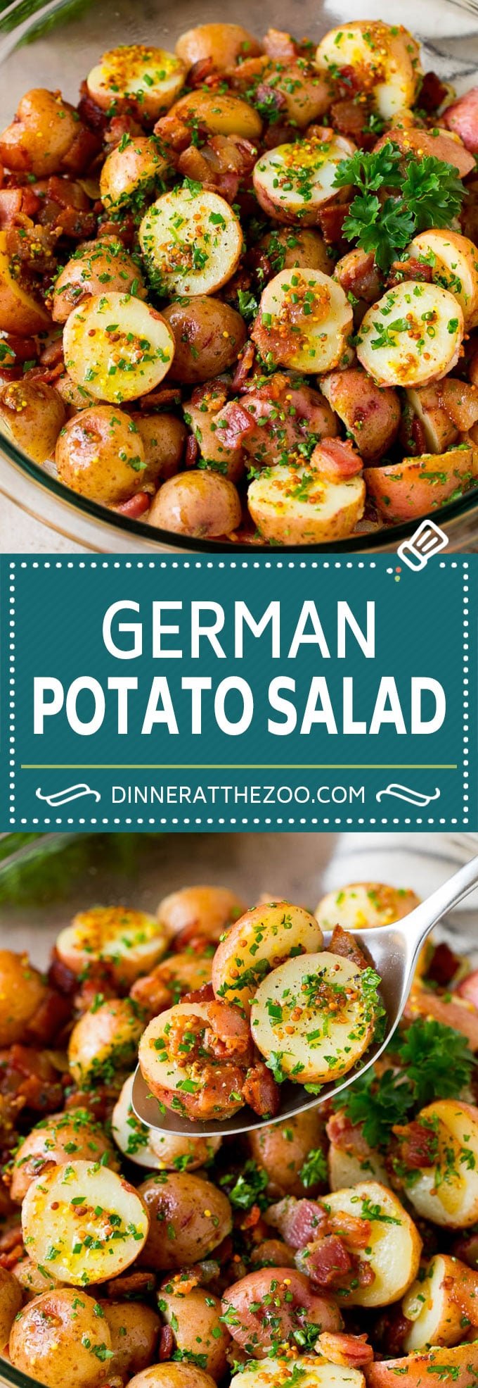 This German potato salad is boiled baby potatoes tossed in a warm bacon and mustard dressing, then garnished with fresh herbs.