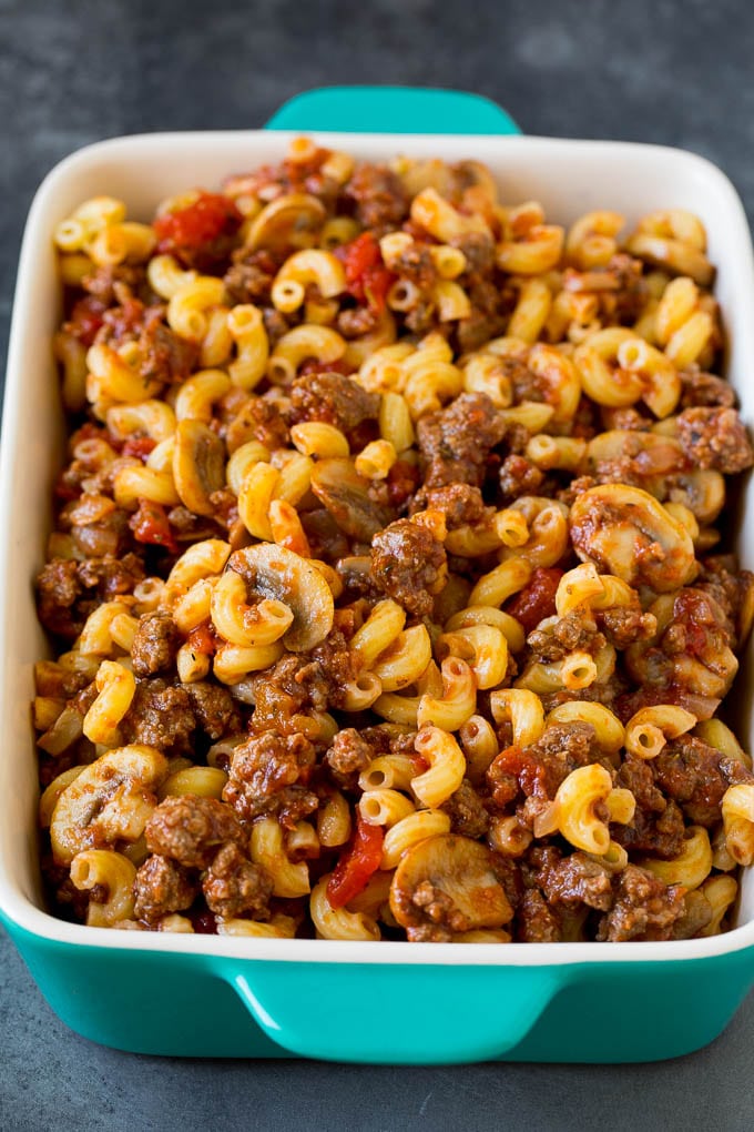 Pasta mixed with a ground beef and tomato sauce.