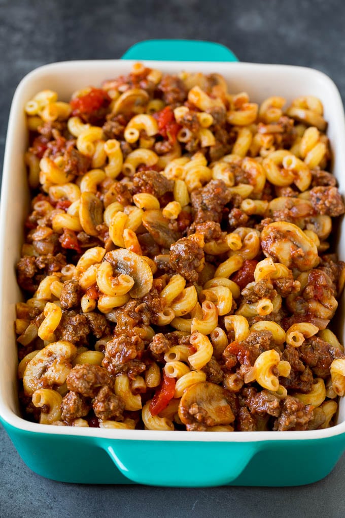 Pasta mixed with a ground beef and tomato sauce.