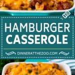 This hamburger casserole is ground beef and mushrooms in tomato sauce, tossed with pasta and topped with melted cheese.