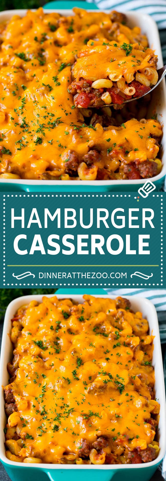 This hamburger casserole is ground beef and mushrooms in tomato sauce, tossed with pasta and topped with melted cheese.