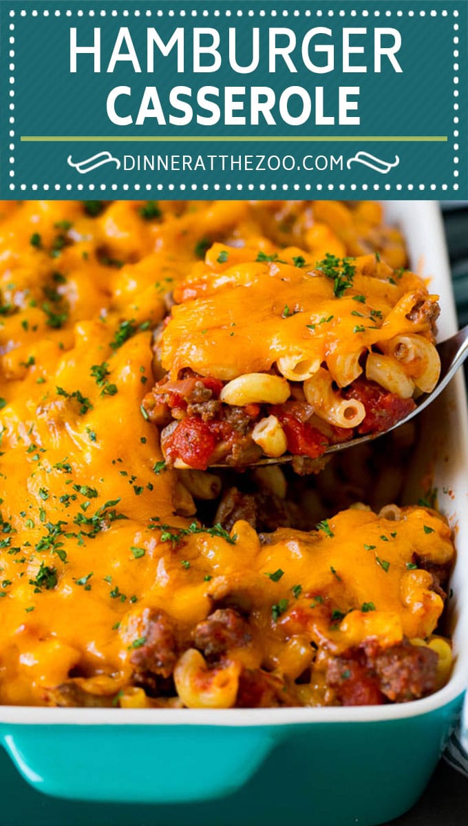 This hamburger casserole is ground beef and mushrooms in tomato sauce, tossed with pasta and topped with melted cheese.