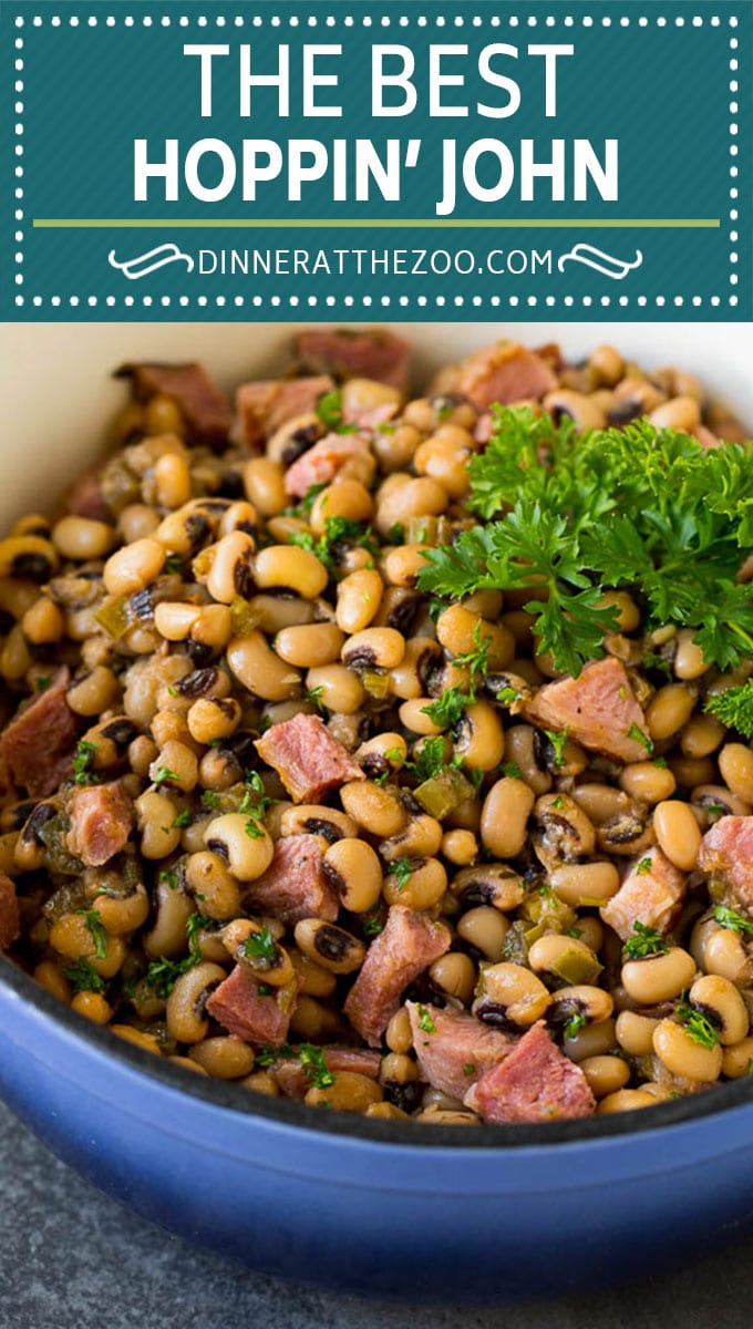 This Hoppin' John recipe is black eyed peas simmered with ham and vegetables until tender, then served over rice.