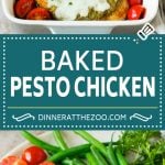 This pesto chicken recipe is seared chicken breasts topped with pesto sauce and mozzarella cheese, then baked to golden brown perfection and served with fresh tomatoes.