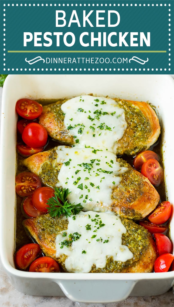 This pesto chicken recipe is seared chicken breasts topped with pesto sauce and mozzarella cheese, then baked to golden brown perfection and served with fresh tomatoes.