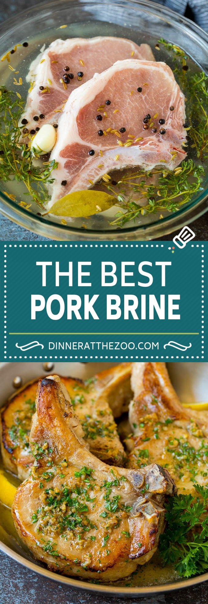This pork chop brine is a blend of salt, sugar, herbs and spices that infuses the meat with flavor and helps to keep it tender and juicy.