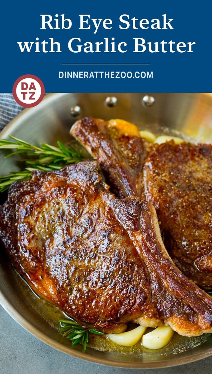This rib eye steak recipe is tender and juicy beef seared to golden brown perfection, and topped with garlic butter and herbs.