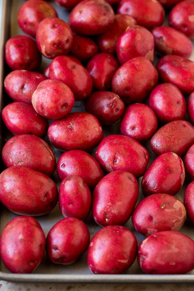 Baby potatoes on a sheet pan.