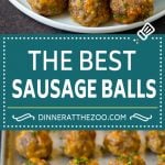 This sausage balls recipe is a blend of pork sausage, cheddar cheese, bisquick and seasonings, all formed into balls and baked to golden brown perfection.