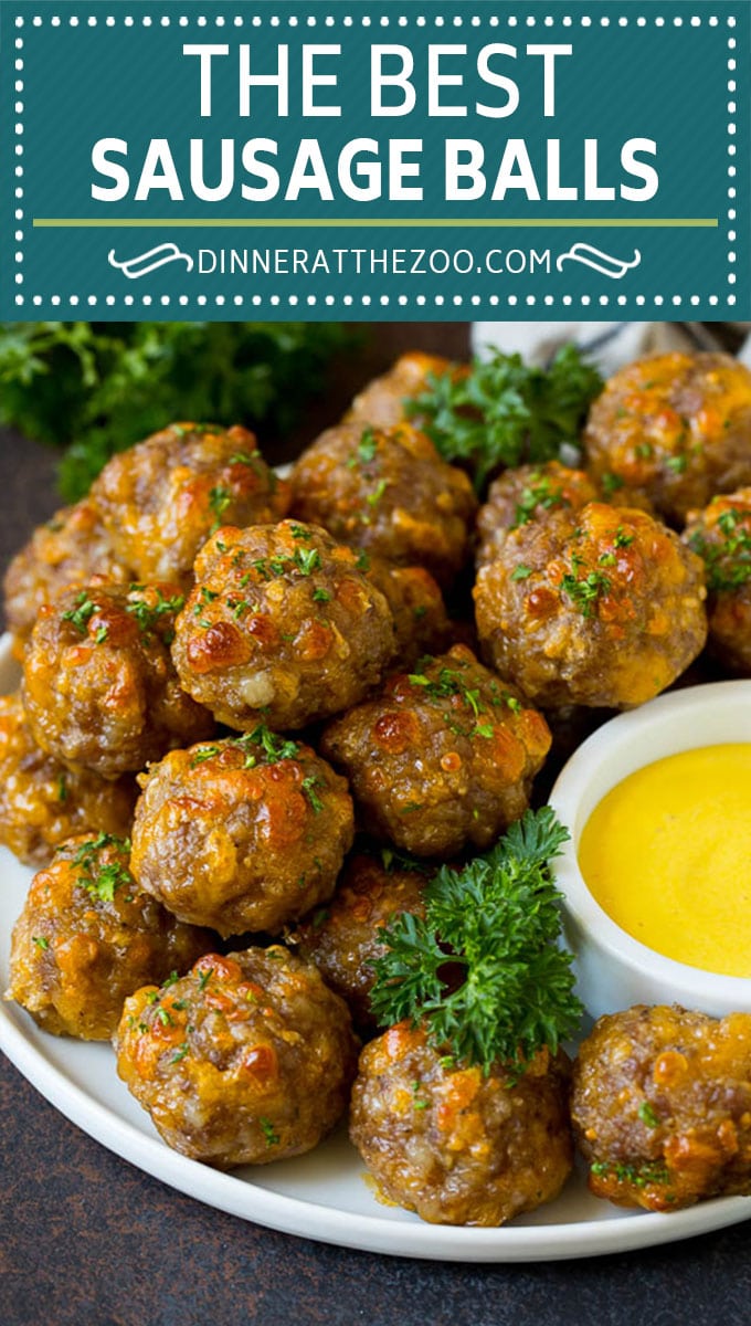 This sausage balls recipe is a blend of pork sausage, cheddar cheese, bisquick and seasonings, all formed into balls and baked to golden brown perfection.