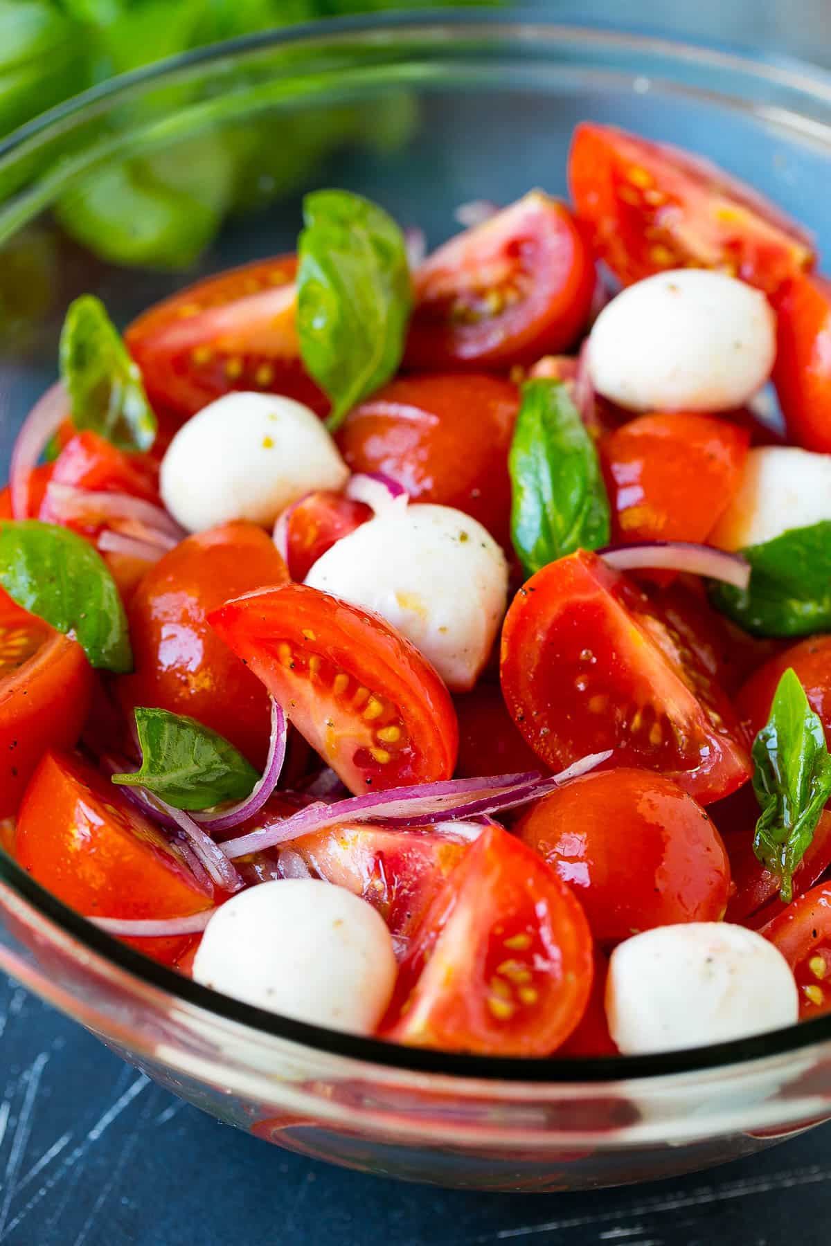 A close up of tomatoes mixed with basil, mozzarella and red onion.