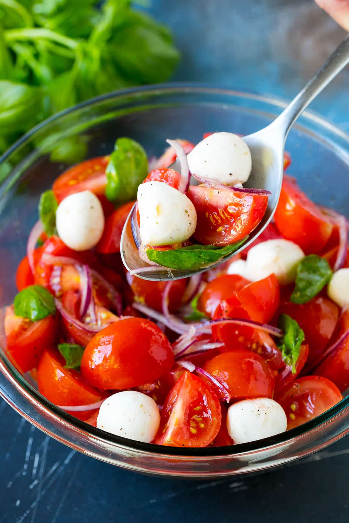 A spoon serving up a portion of tomato salad.