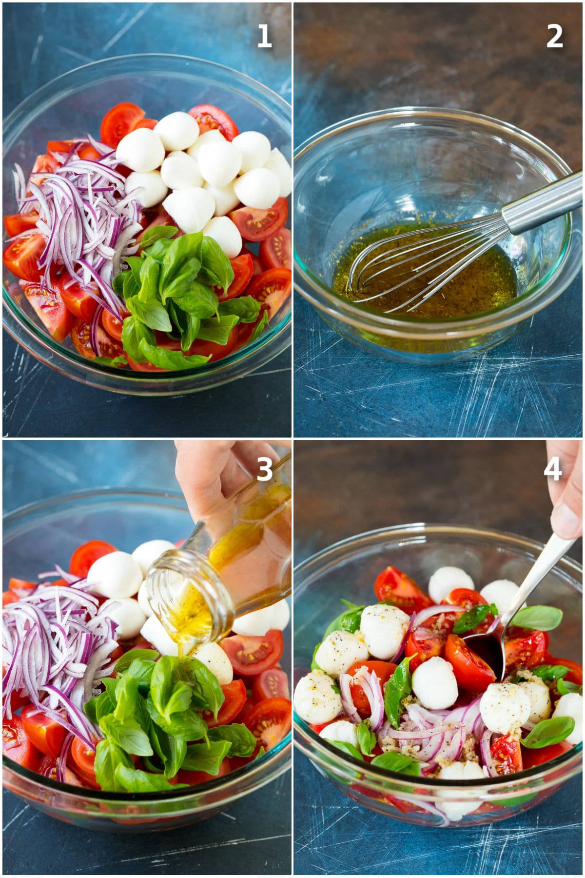 Step by step shots showing how to prepare tomato salad.