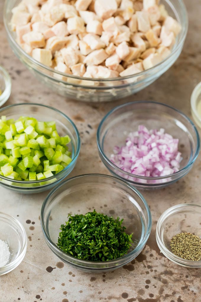 Bowls of diced turkey, celery, onions and herbs.