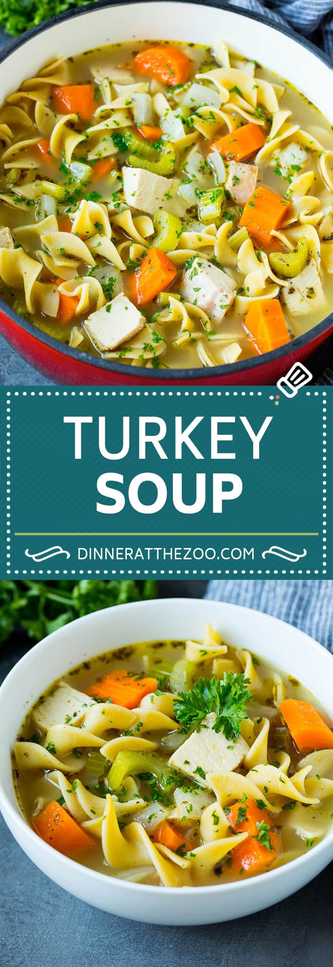 This turkey soup recipe is homemade turkey broth loaded with vegetables, diced turkey and egg noodles.